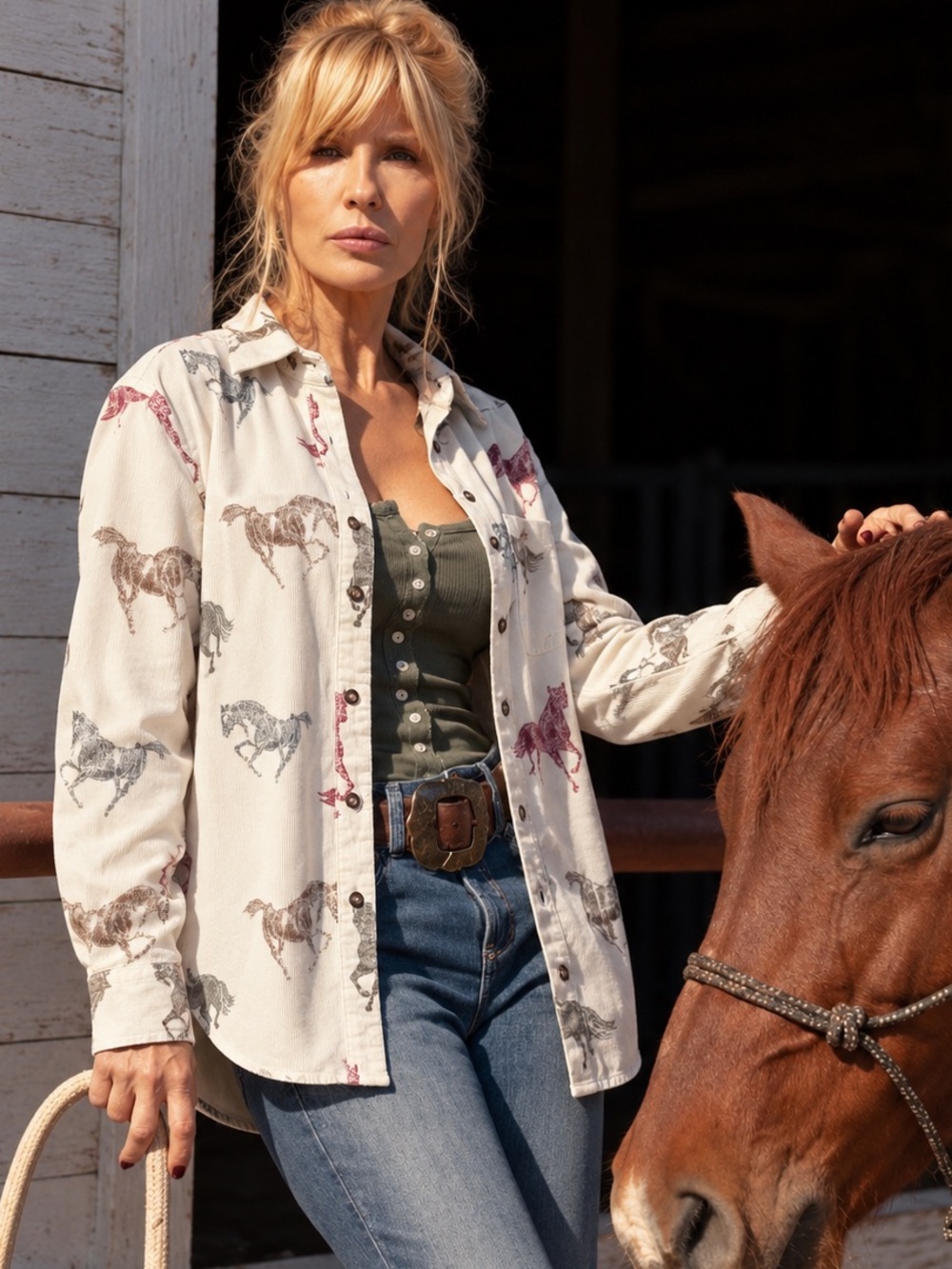 Vintage 90s Bit & Bridle Horse Print Corduroy Western Shirt, S